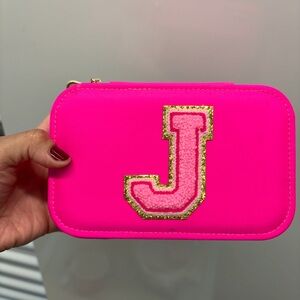 Hot Pink Initial J Jewelry Travel Case